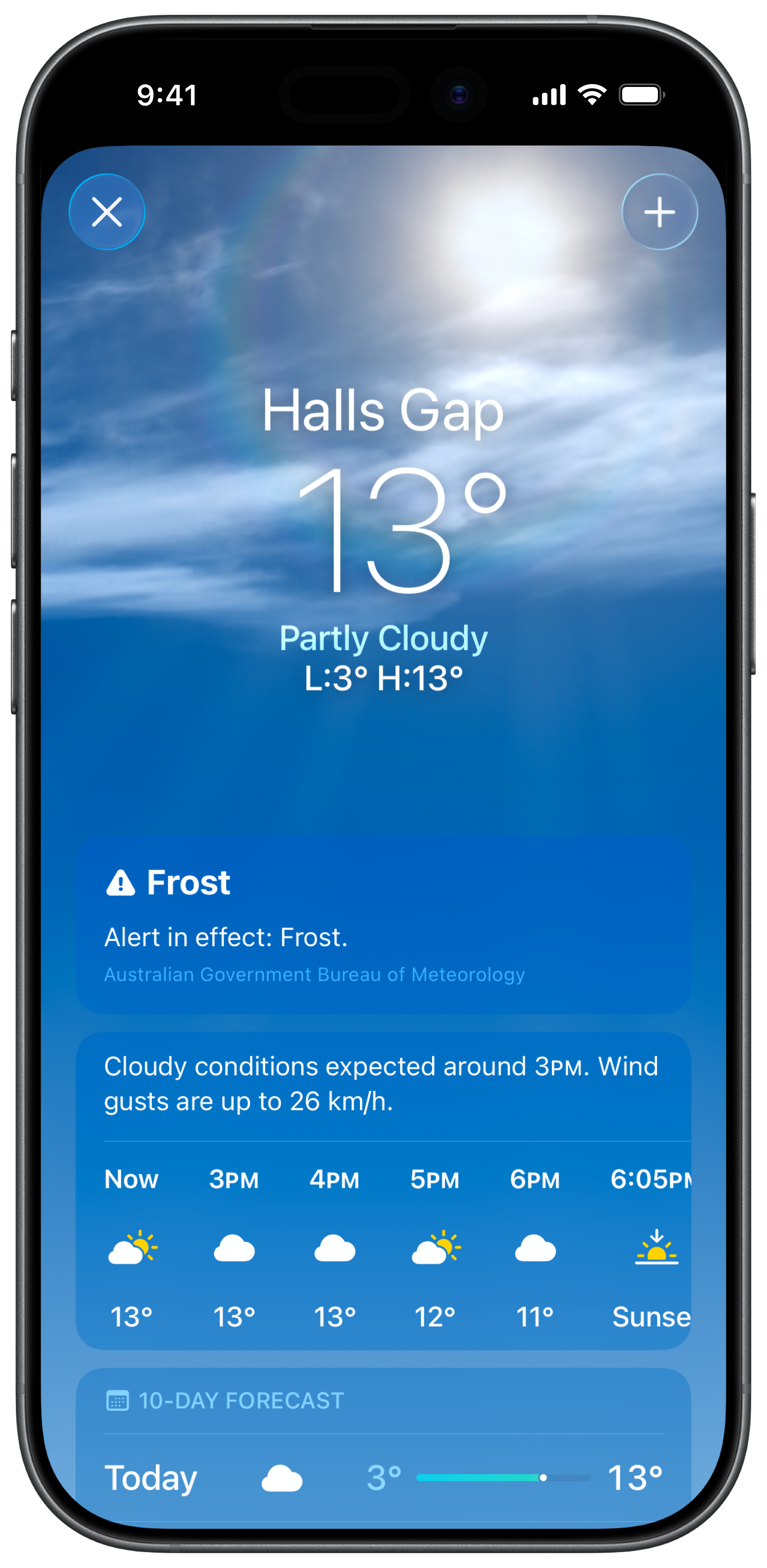 A generic weather app showing only a basic temperature and rain forecast for Halls Gap, VIC, with no climbing-specific detail