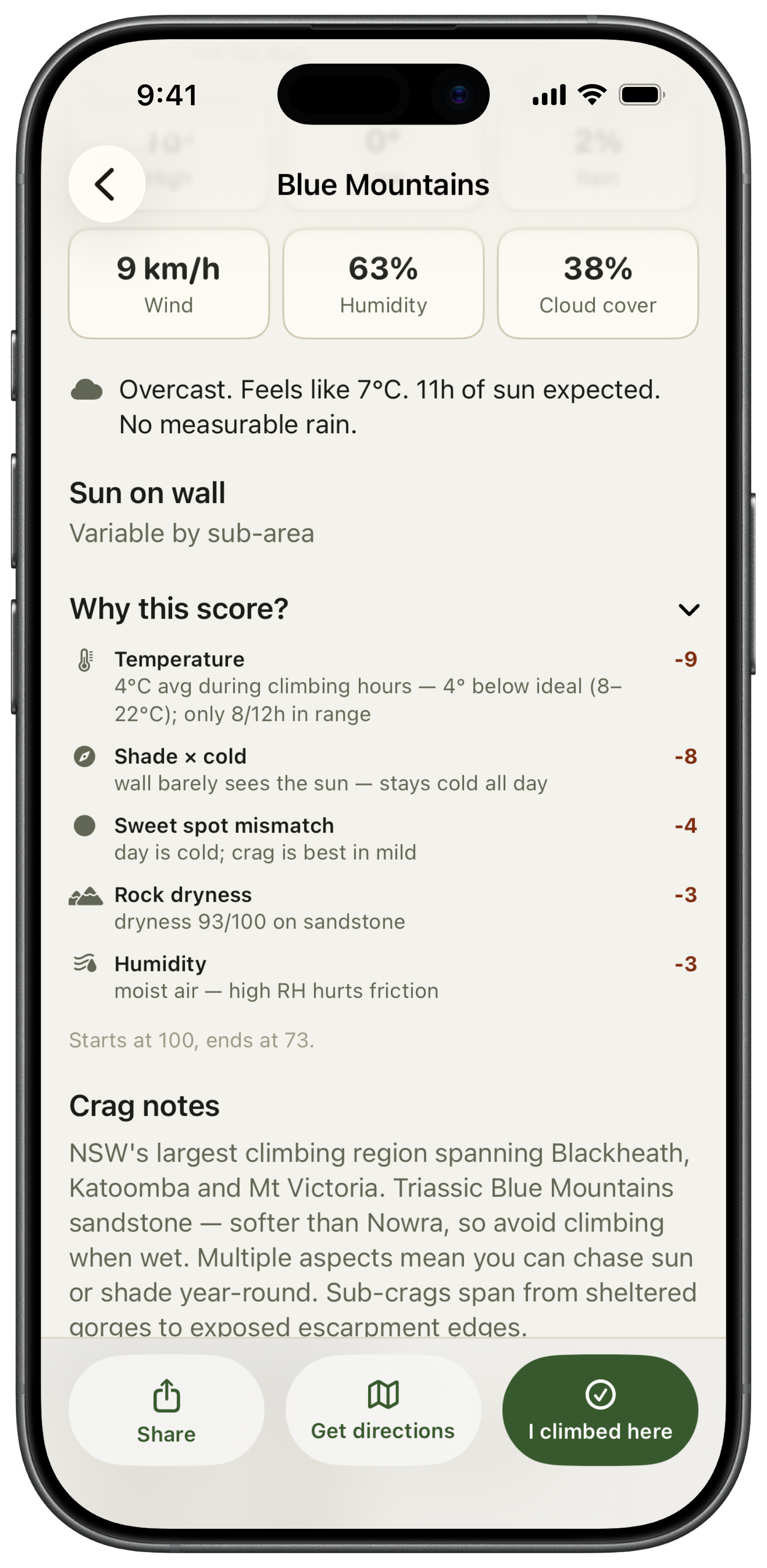 Climbable showing a detailed climbing-specific forecast for the Grampians, including a daily conditions score, rock dryness, wind, humidity, cloud cover, and hour-by-hour breakdown