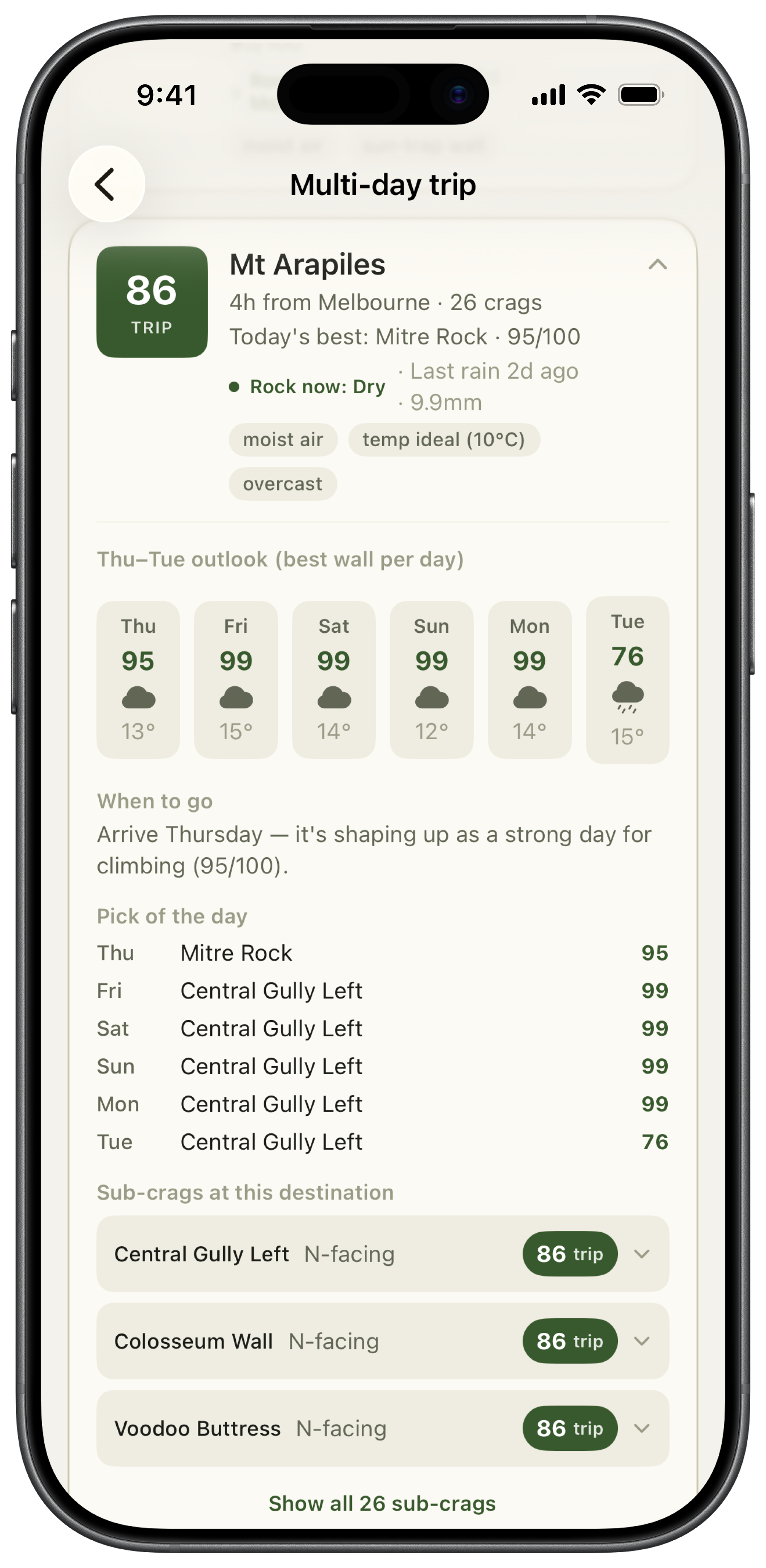 Climbable score breakdown for Cape Raoul showing an 85/100 day score with a Why this score panel listing temperature, sweet spot mismatch, and sun on wall factors as plus or minus points, plus crag notes and aspect tags
